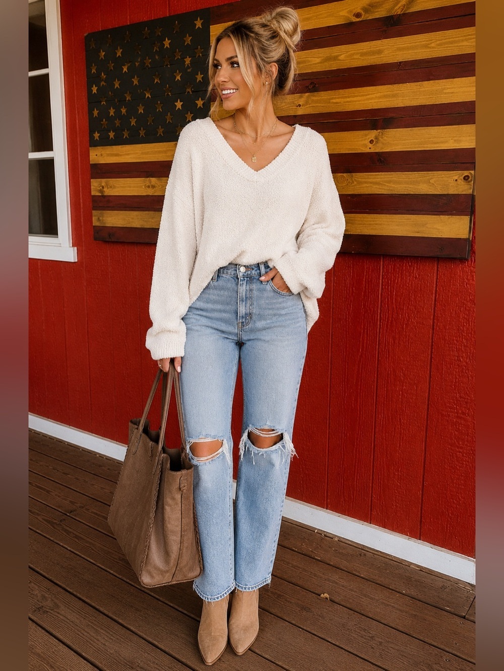 PrettyGarden Cream Bouclé V-Neck Cozy Oversized Sweater | XL